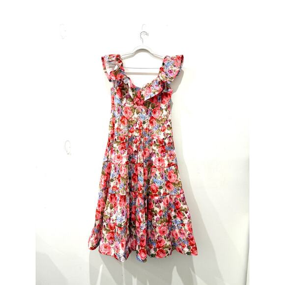 Beulah Tuckernuck Exclusive Rita Floral Pleated Tiered Midi Dress Multi Large - Picture 3 of 4
